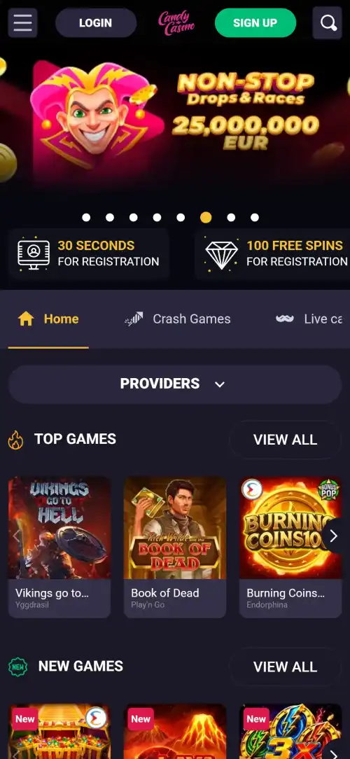 Candy Casino official website displayed in a mobile browser viewport