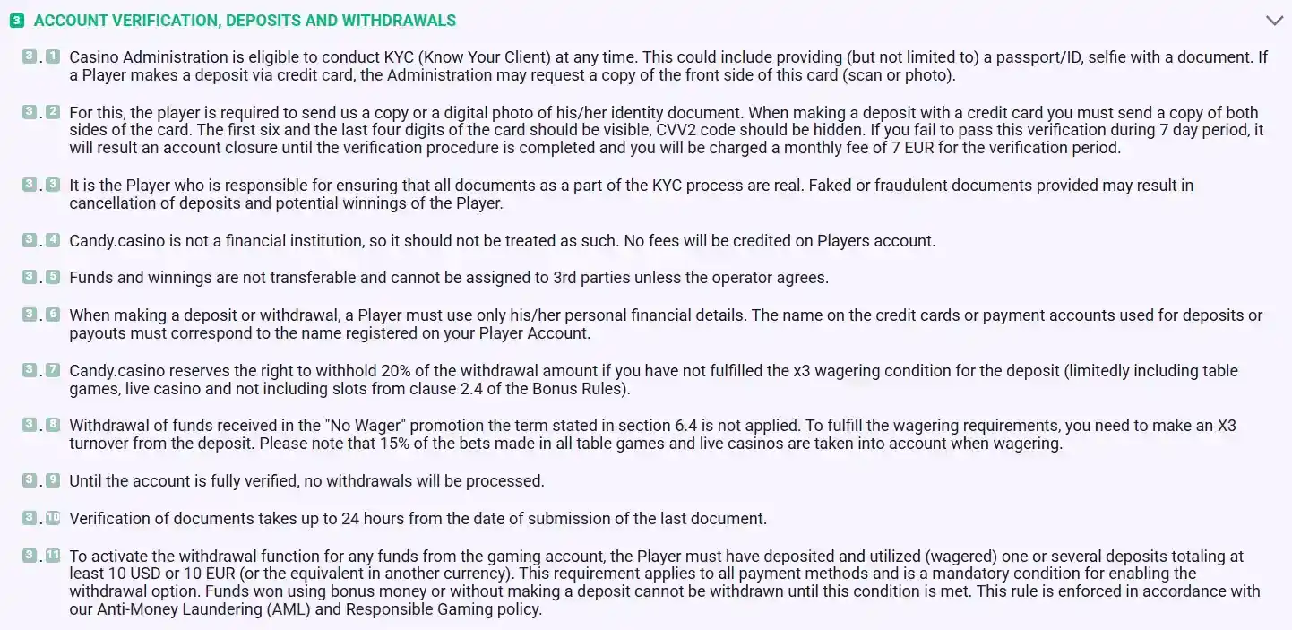 Candy Casino terms section listing KYC document examples and verification requirements
