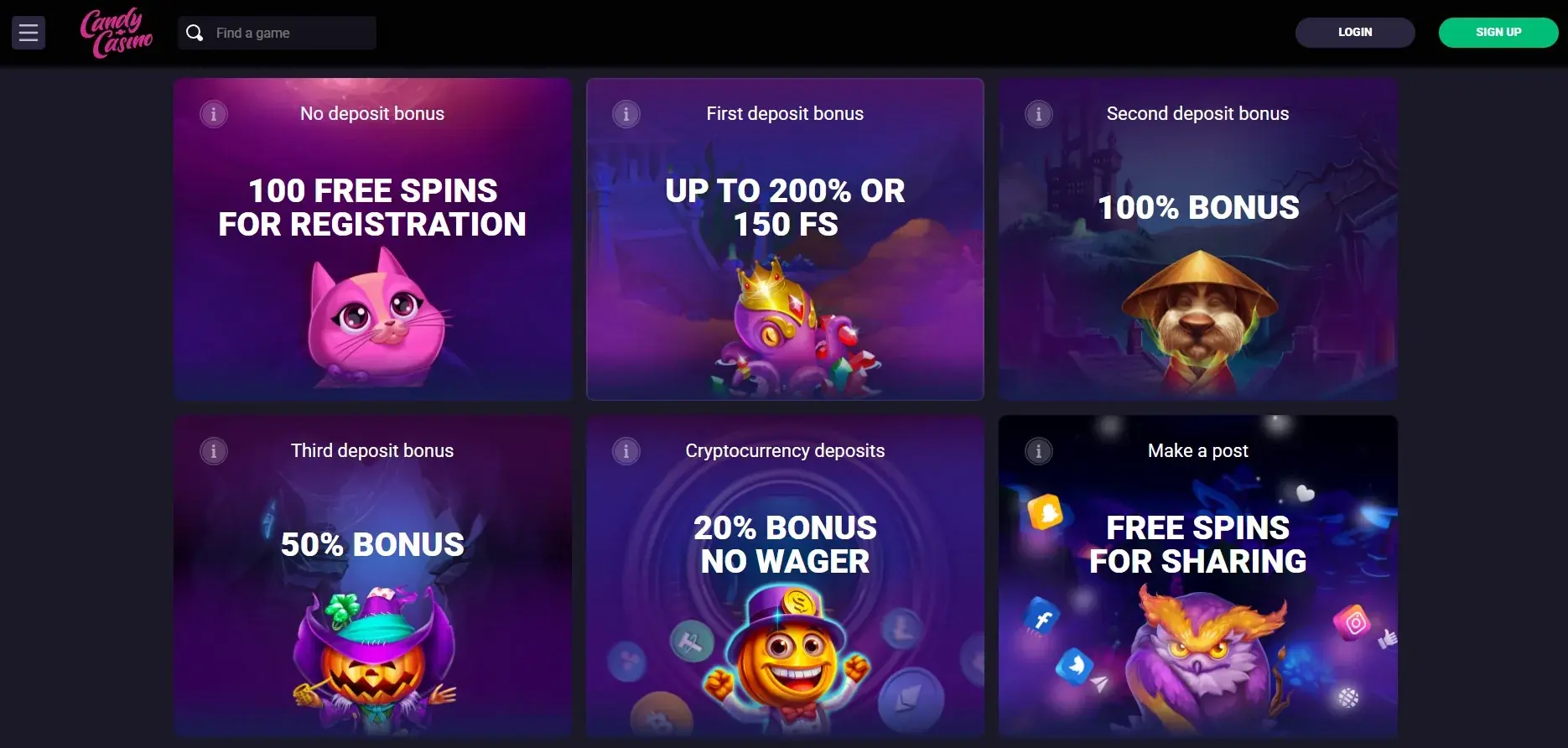 Current Candy Casino promotions page used to verify advertised offer types