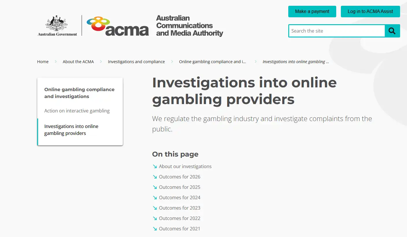 ACMA investigations table showing Candy Casino among prohibited interactive gambling service outcomes
