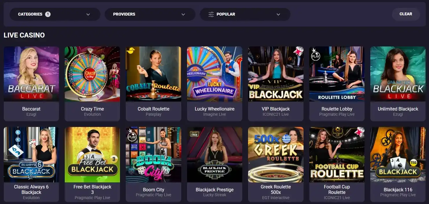 Candy Casino live-casino section showing real live-game tiles and provider context