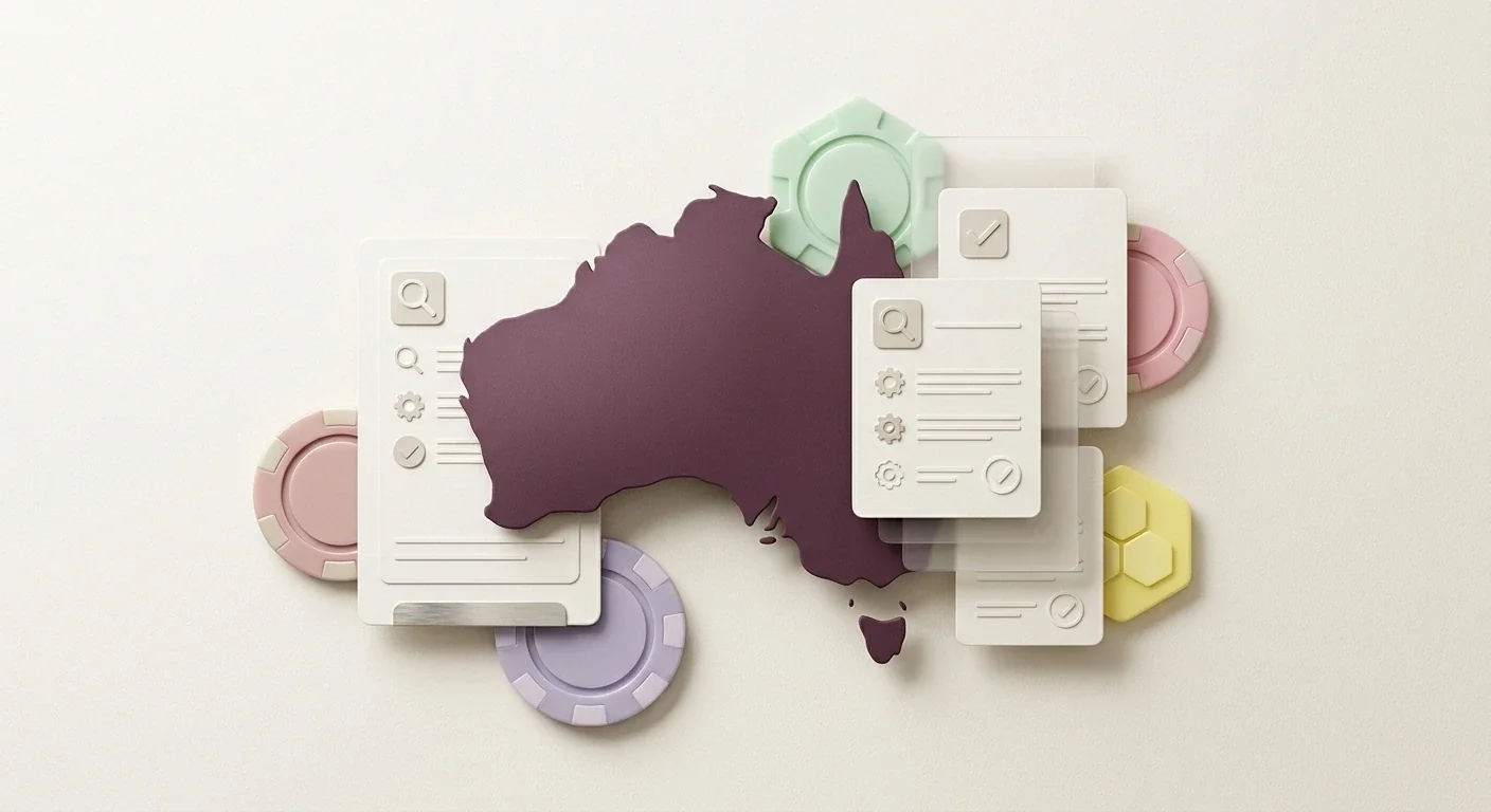 Abstract evidence-led illustration for a Candy Casino Australia review with Australian map and checklist motifs